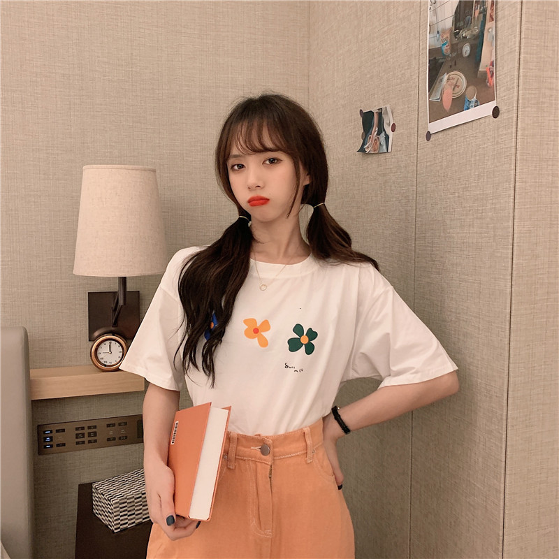 

2021 New Summer Cotton Woman T-shirt Nice Printing Flower Short Sleeve Tops Loose Sweet Fashion Women's Clothes t Yt50262 TJ4M, White