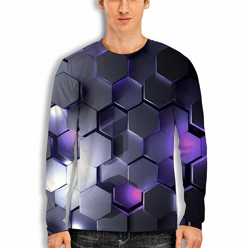 T-shirt pour homme 3D Imprimer Géométrique 3D col rond Daily Holiday 3D imprimé à manches longues Tops décontractés gris S6DA #