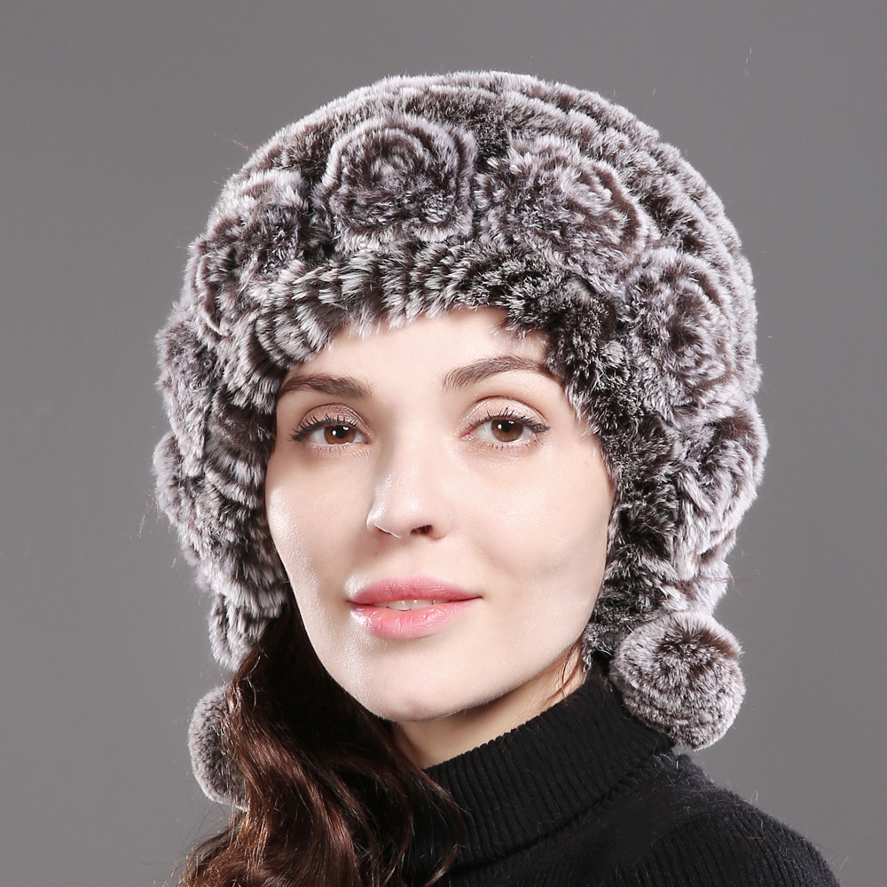 

Royal hats of knitted or crocheted real rabbit skin caps rex skullies hat, Gray and white