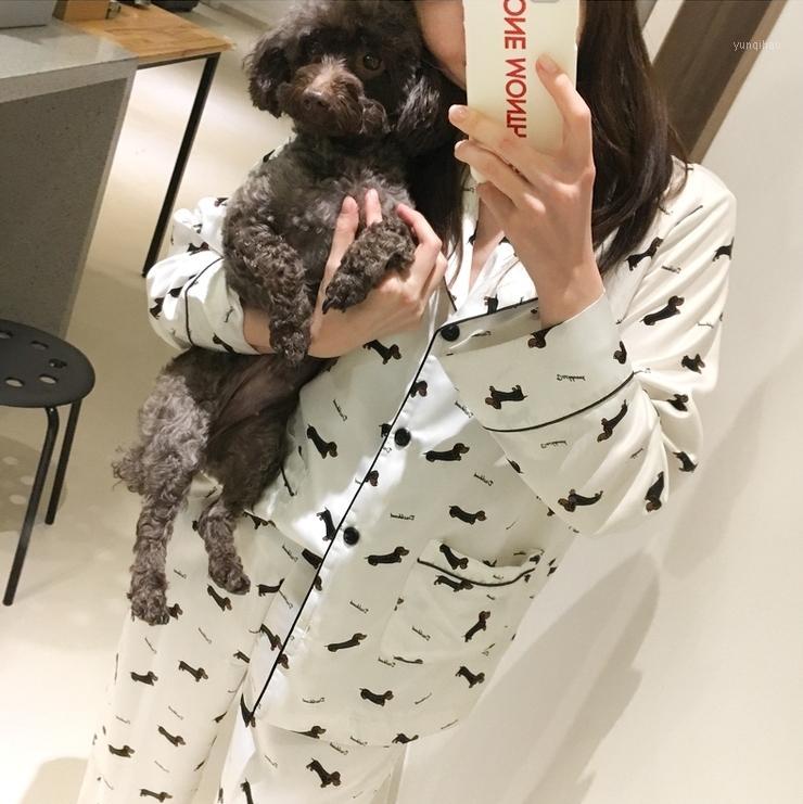 

Pajama Sets Women Dachshund cartoon Print 2 Pieces Long Sleeve Top + Pants Elastic Waist Loose Home wear, White