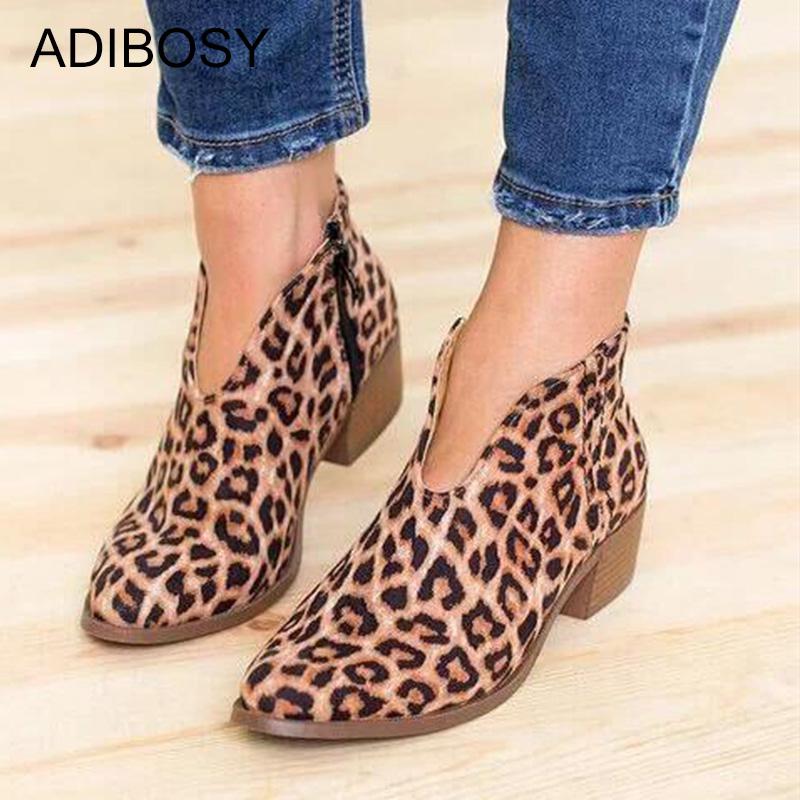 

Boots Ankle Women Leopard Print Pointed-toe Square Platform Shoes Low Heel Zip Flock Autumn Winter Short Black, Grey