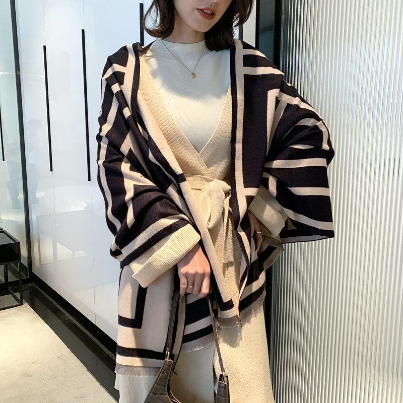 

New 2020 Geometric Knit Winter Scarf For Women Cashmere-like Shawl Wrap Female Warm Blanket Scarves Tassel Stole Hijab