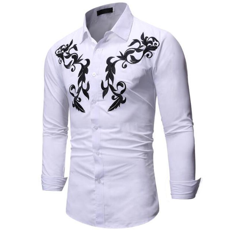 

Men' casual fashion creative printed shirt printed long sleeve casual lapel shirt, White