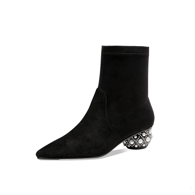 

2021 New Pearl Decoration Ladies Ankle Boots Elegant Sweet Pointed Toe Strange Heels Pumps Wedding Prom Shoes Woman 3qwp, Cow