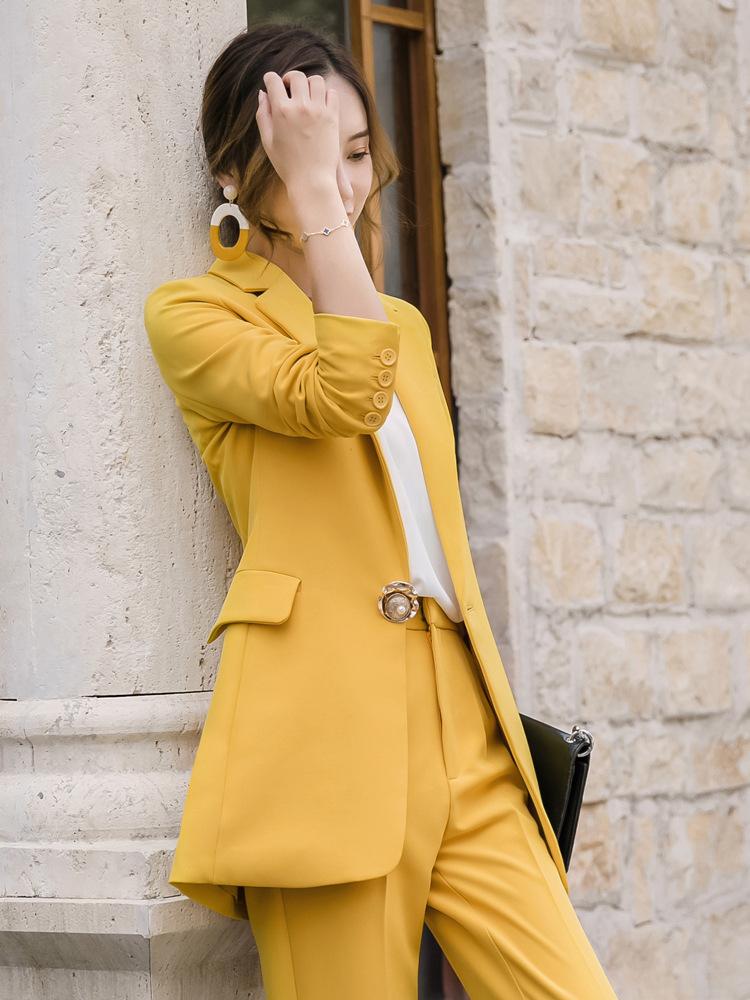 

High quality ladies yellow suit 2020 autumn fashion professional pants suit large size Slim long blazer Women' two-piece, Coat and pants