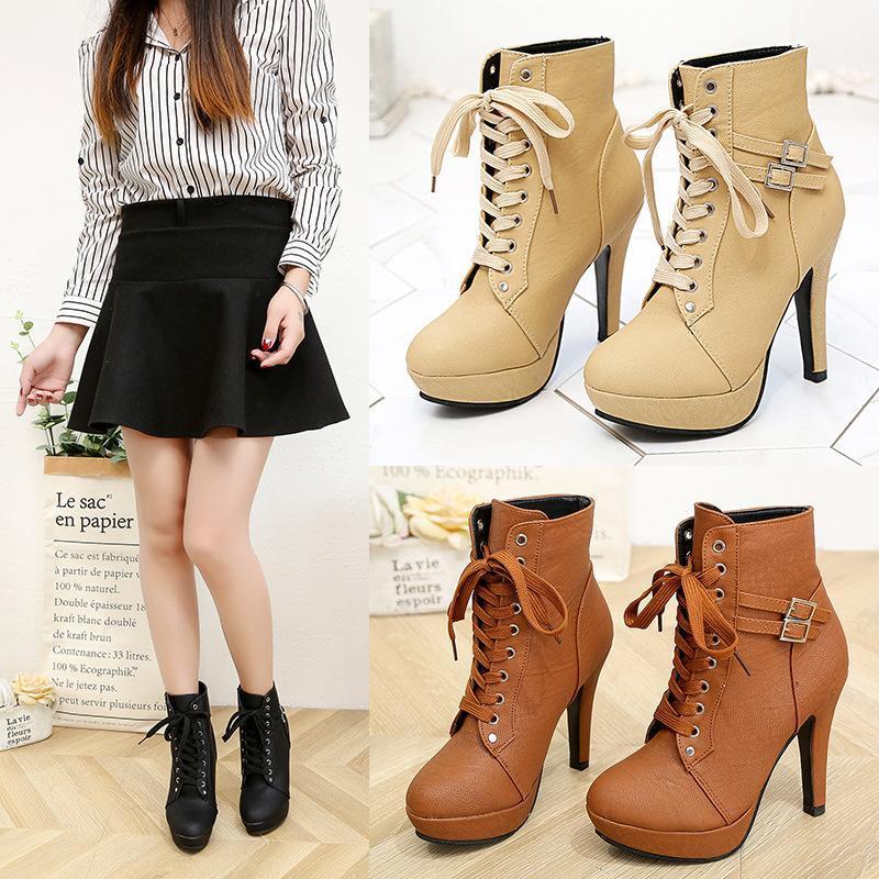 

Wind strapping boots slim high heel waterproof platform women's short boots fashion belt buckle women's1, Beige