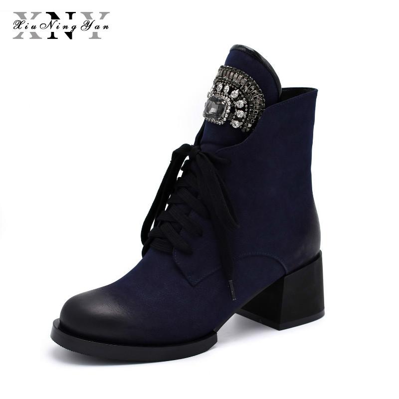 

XIUNINGYAN Woman Winter Boots Ankle Boot Female Crystal Lace Up Female Booties Platform Heels High Plush Footwear Women Shoes, Blue short plush