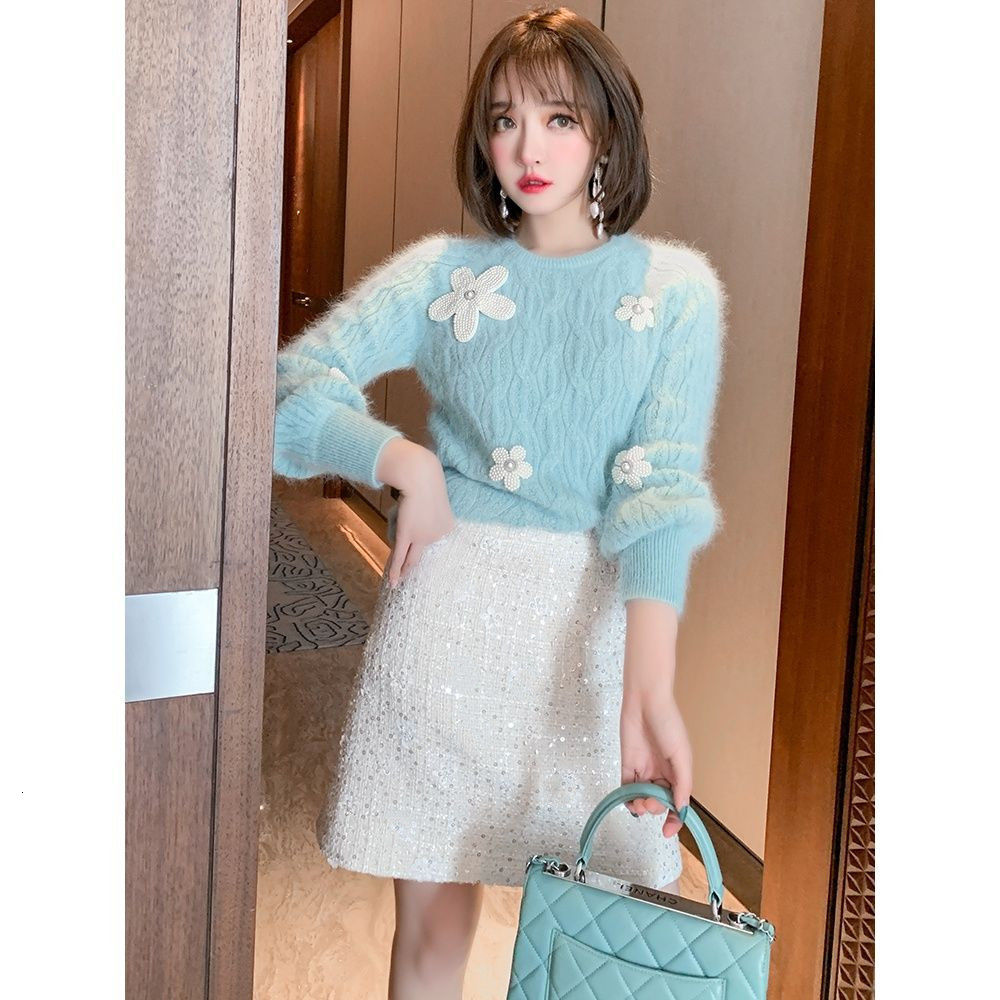 

2021 New Autumn/winter Printed Around the Neck Sweater Top Female K479, Blue