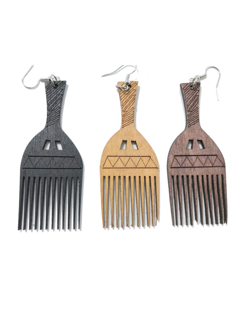 

new 3 inch and 3 color afro comb wooden drop earrings jewelry