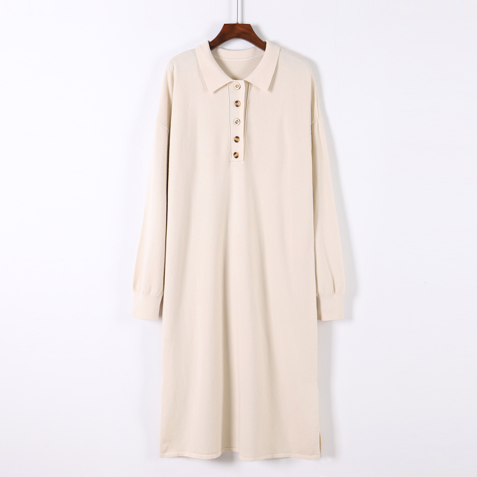 

2021 New Turndown Collar Oversize Thick Long Women Autumn Winter Straight Sweater Female Casual Loose Maxi Knit Dress Hxcs, Beige