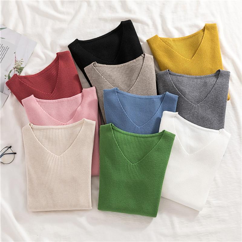 

gkfnmt 2020 Korean V-Neck Women Pullover Sweater Winter Jumper Knitted Basic Top Fashion Autumn Long Sleeve Ladies Clothes1, Black