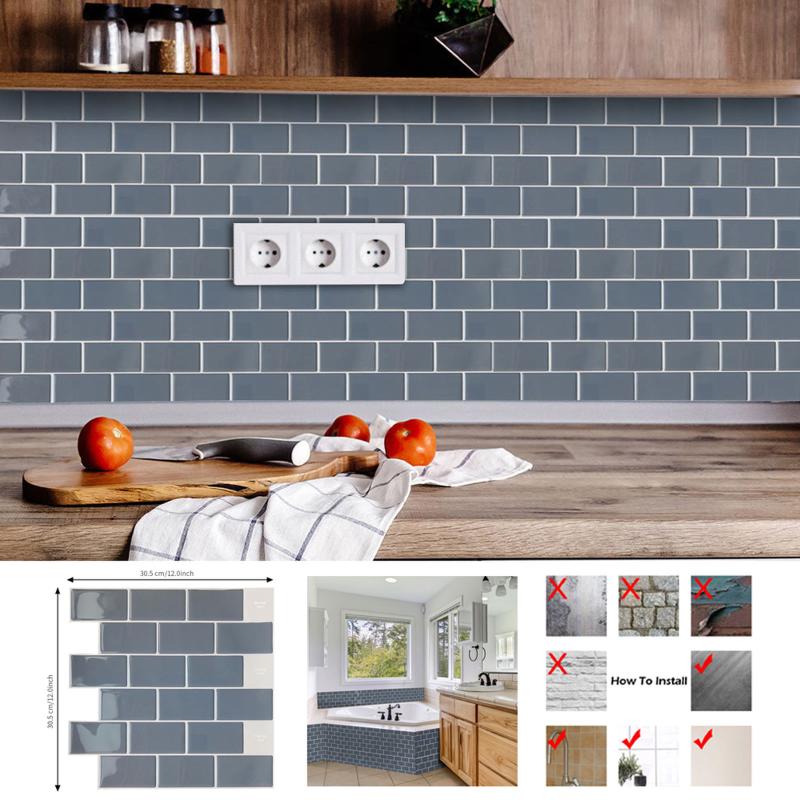 

European 3D Epoxy Wall Sticker Smoke Gray Mosaic Self-adhesive Splash-proof Tile Sticker DIY Kitchen Bathroom Home Decoration
