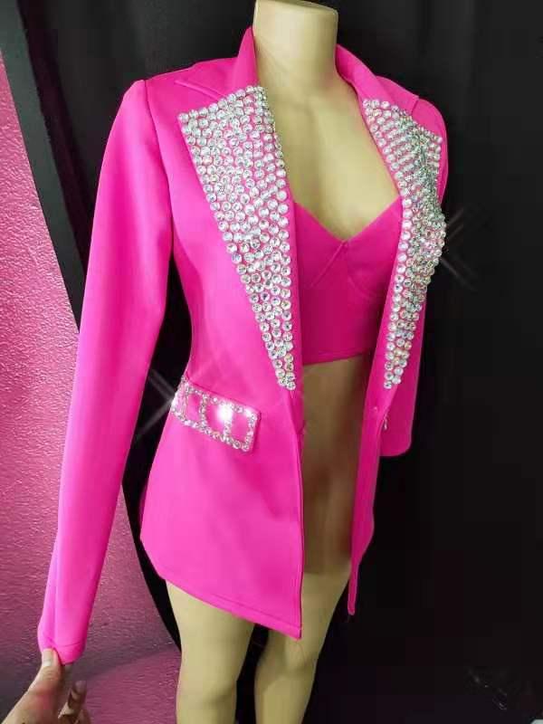 

Bar Nightclub Women Singer Dancer Suits Rose Purple Crystals Coat Bikini 3 Pieces Set Jazz DJ Stage Show Dance Outfits Costume, Purple 3 pieces set