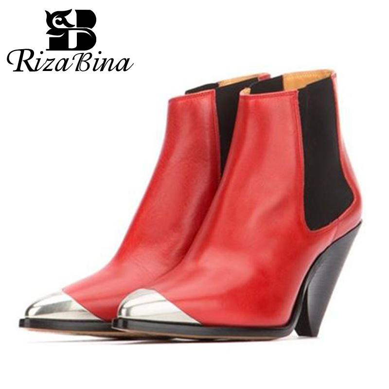

RIZABINA Women Ankle Boots Genuine Leather Western Cowboy Shoes Women Brand New Fashion Autumn Winter Strange Heels Size 33-43, Red