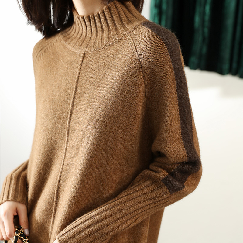 

New Autumn and Winter of Cashmere High Goal Women Collar Pullover Loose Sweater Size Large Wool Strain Shirt, Khaki