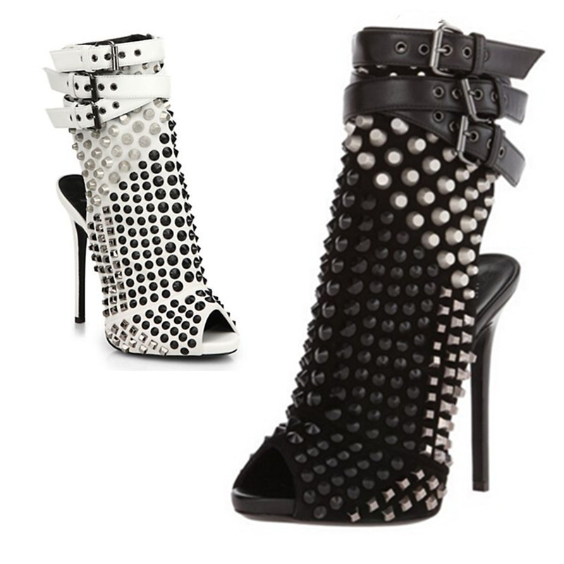 

Gladiator Metal Sexy Studs Ankle Boots Peep Toe Buckles of Female Straps Thin High Heels Summer Rivets Complete Zapatos Bottes 05w8, Beige