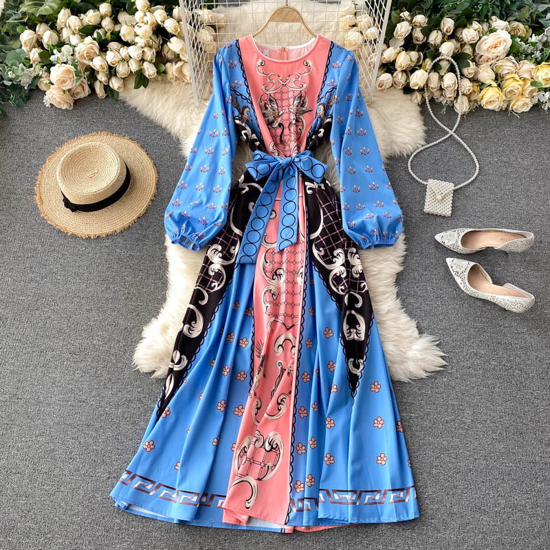 

2021 New Vintage print maxi design the neck puff sleeves lace up dress line to autumn bohemian printing holiday long robe JQIF, Blue