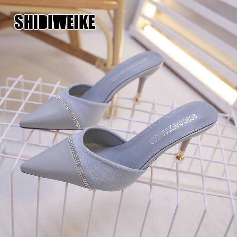

Women's High Heels 2021 Summer Woman Crystal Slippers Ladies Pointed Toe High Heels Female Casual Slides Plus Size 33-40 va939, Black 6cm