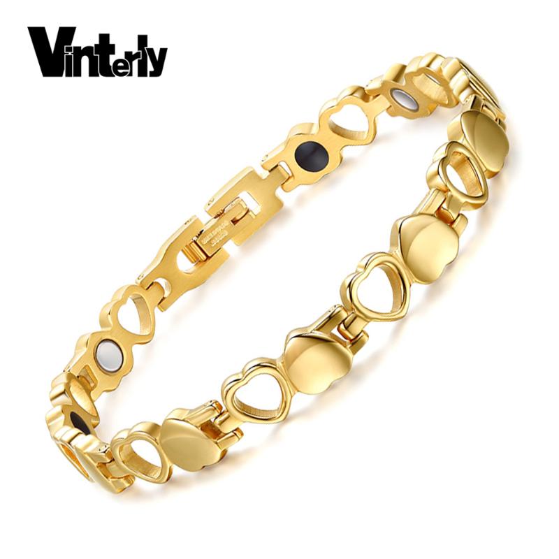 

Vinterly Magnetic Bracelet Women Heart Gold-color Health Energy Bracelet Magnetic Germanium Stainless Steel Bracelets for Women