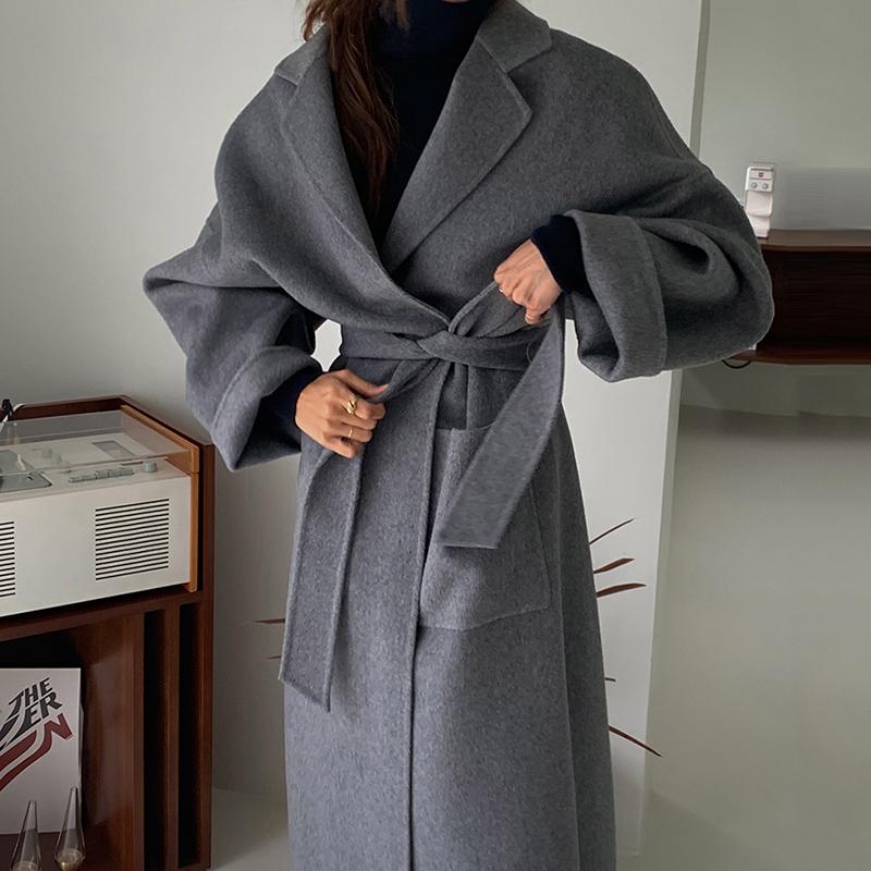 

Korea Chic Retro Temperament Senior Gray Over The Knee Long Woolen Coat Elegant Jacket, Black
