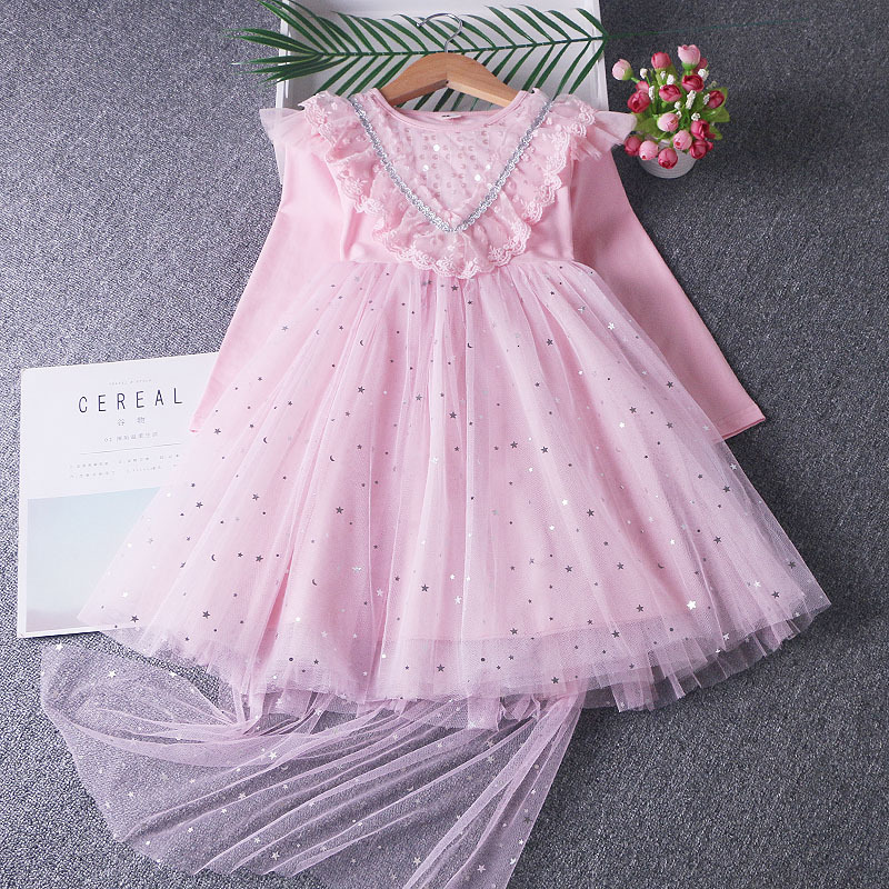 

2021 New 2-7 Year Spring Autumn Sequined Lace Princess Kids Children Girls Clothes Ball Gown with Cloak 3-10y Upf2, Pink