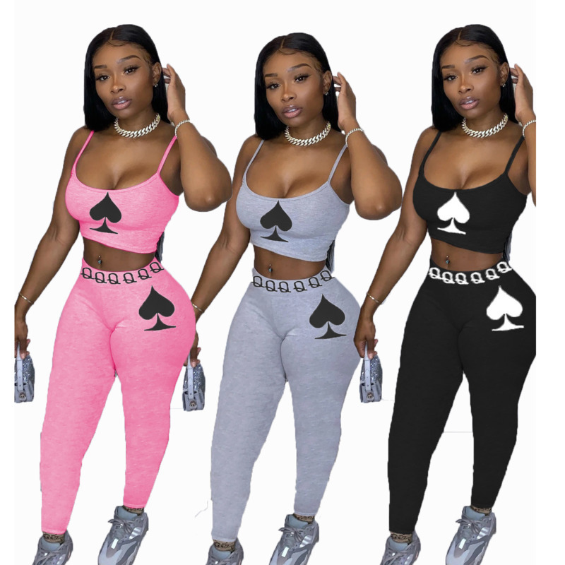 

Women Two Piece Outfits Solid Color Peach Heart Printed Sleeveless Suspender Tops Long Trousers Ladies New Casual Tracksuits 2021, Gray