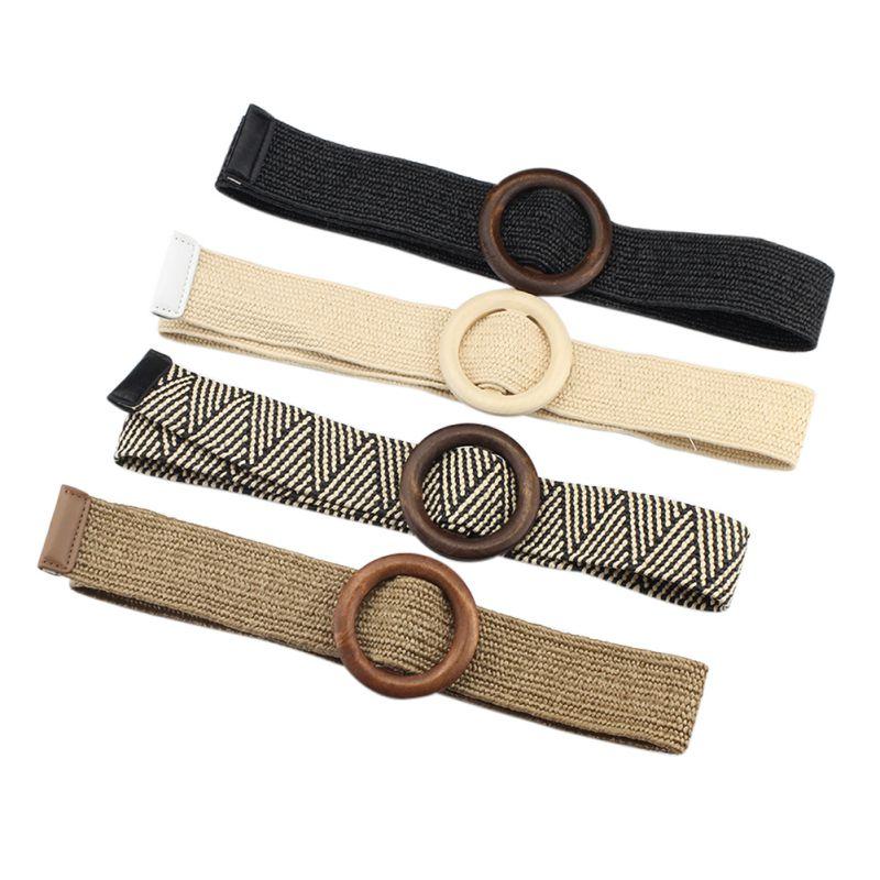 

Women Bohemian Elastic Braided Belt Female Dress Jeans Wide Black PP Straw Designer Wood Buckle Boho Belts, Black;brown