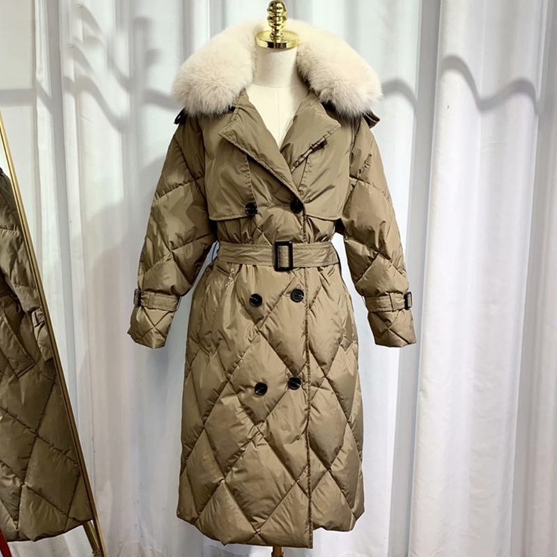 

Fitaylor Winter Large Artificial Long Jacket White Duck Down Parka Women Warm Snow Double Breasted Sash Tie Up Down Coat, Black