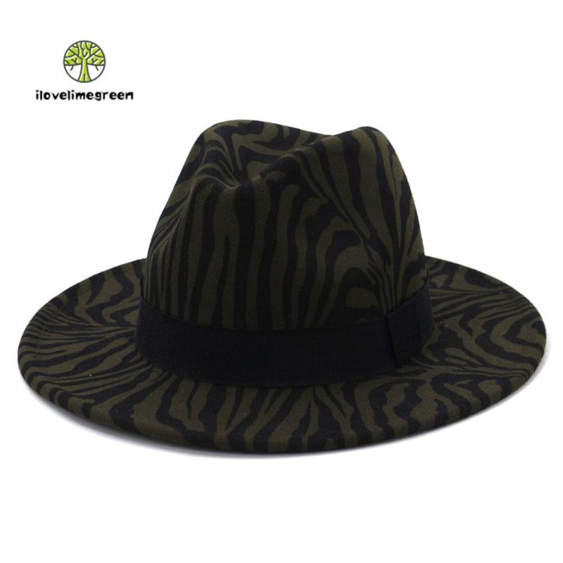 

Fall Winter New Fashion Zebra-print Woolen Felt Fedora Hat for Women Men Elegant Black Belt Hat and Caps, Army green