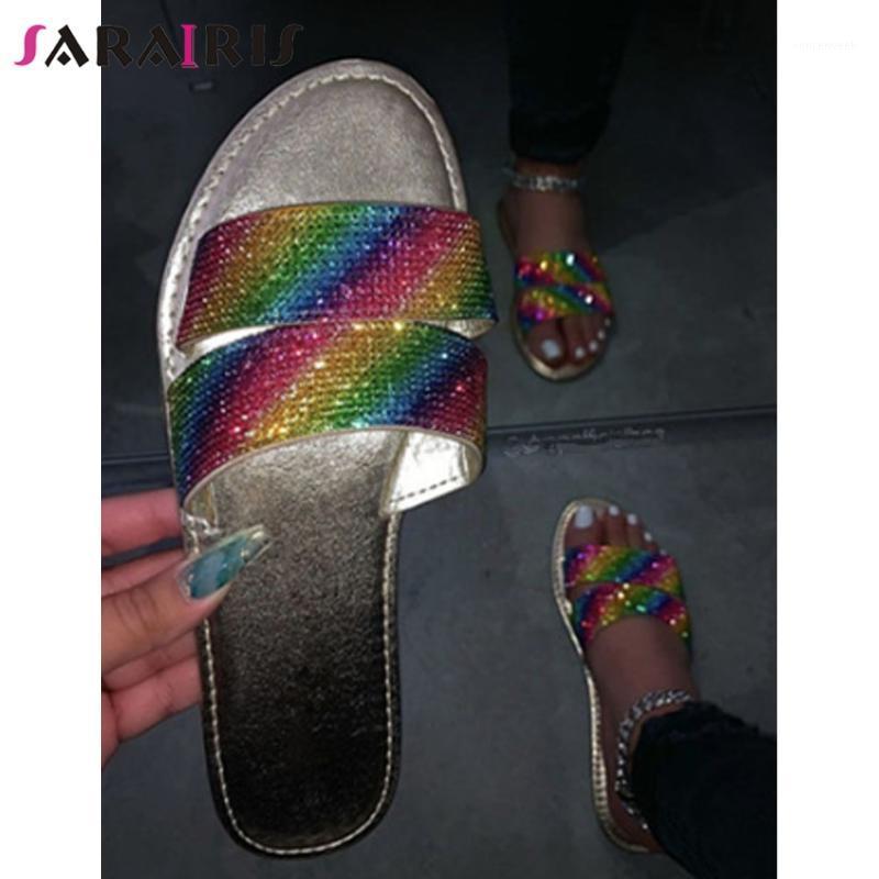

SARAIRIS Ins Hot New Arrival Female Solid Bling Rhinestone Leisure Slippers Summer Sandals Women Open Toe Flat Shoes Woman1, Silver