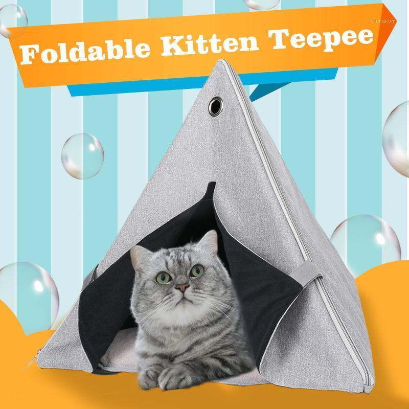 

Foldable Kitten Teepee with Washable Soft Cushion Portable Indoor Cat House Tent Small Animals Bed Puppy Cage Kennel Save Place1, Gray