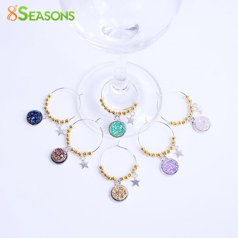 

Wholesale-8SEASONS Wine Glass Charms Pendants Mixed Randomly Antique Silver AB Color Resin drusy Cabochon Star Table Deco, 1 Set (6 pcs)1