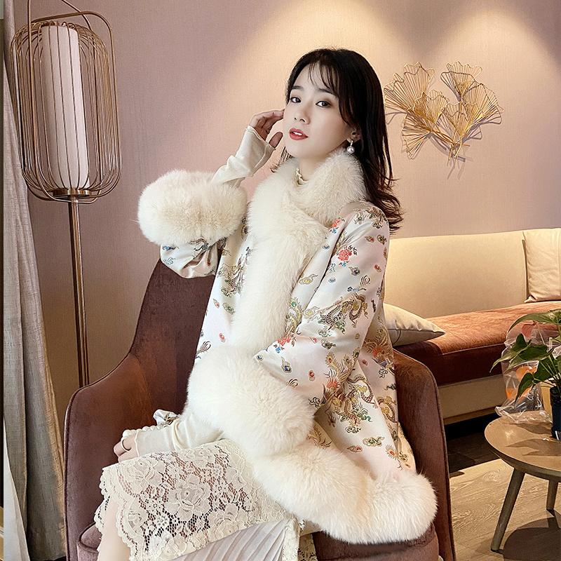 

New Chinese Style Fur Coat Court Lady Satin Mid-length Beaded Faux Fur Shawl Jacket Women Winter Coat Print Outwear, Black