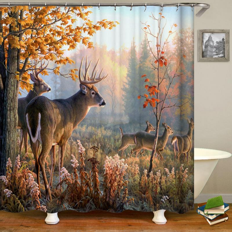 

Deer Shower Curtains With Hooks Waterproof Elk Animals 3d Bathroom Curtains Decoration Printing Washable Bath Screen