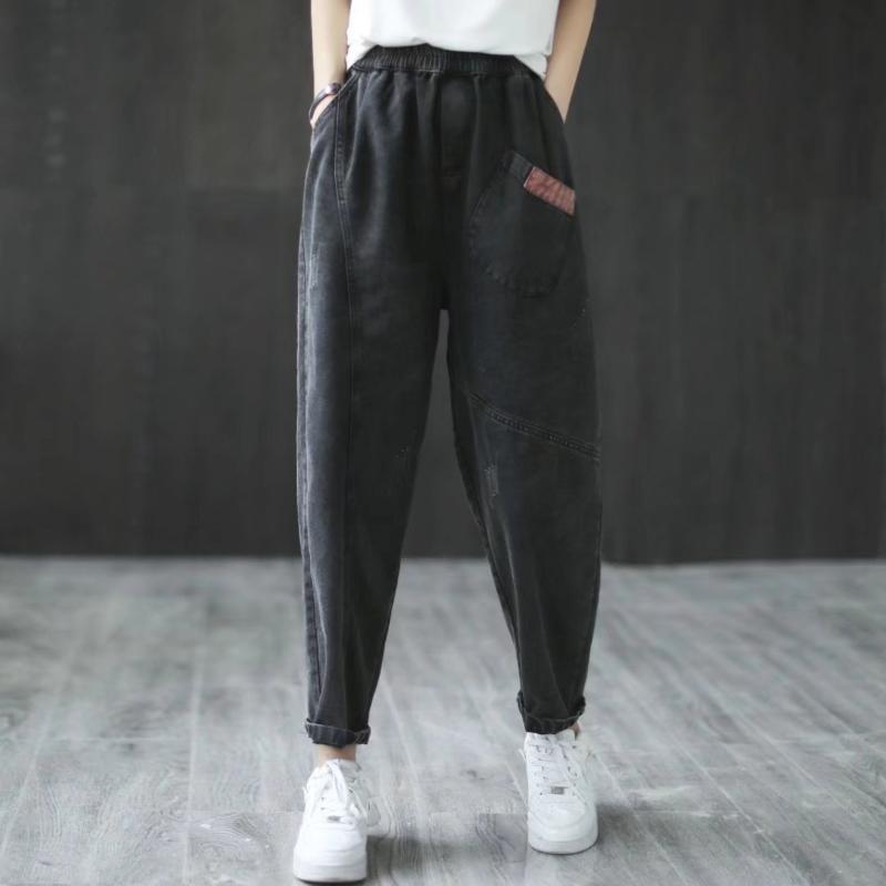 

Women's Jeans 2206 Spring Autumn Women Harem Elastic Waist Baggy Patchwork Black Artsy Ethnic Style Casual Washing Vintage Denim Pants, 2206 black