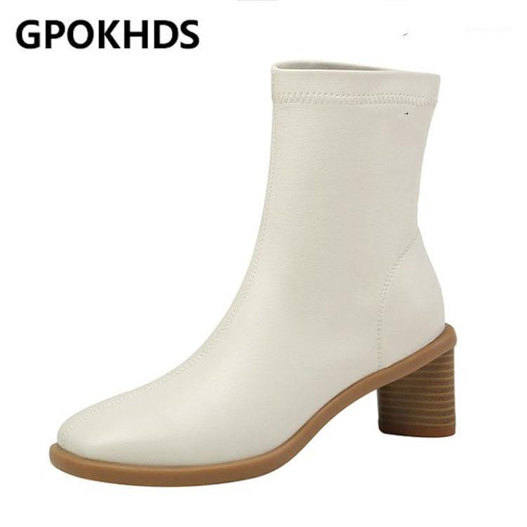 

GPOKHDS 2021 women soft ankle boots Microfiber slip on boots winter short plush square toe high heels women1, White