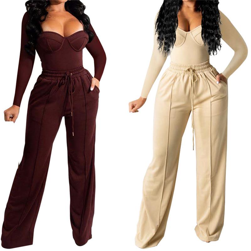 

Women's Two Piece Pants WUHE Plunging V-neck Tops And Straight Jogger Suit Spring Winter Women Sets Sweatsuit Tracksuit, White