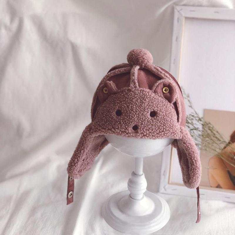 

New arrival kids hat Children's autumn and winter cute cartoon embroidery suede stitching baby hat warm earmuffs flying cap, Black