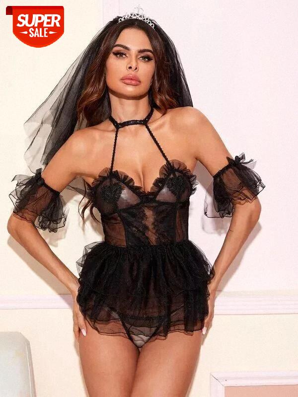 

Sexy Lingerie Erotic Lace Mesh Bridal Bodysuit Uniform Wedding Womens Sleepwear Princess Night Dress Exotic Apparel #PW0f, Black;white