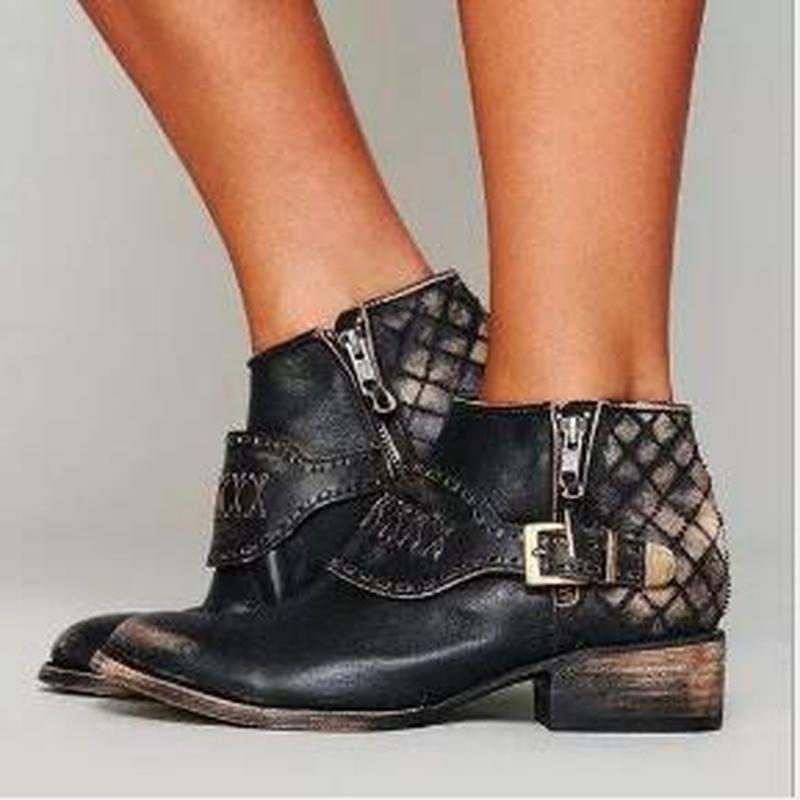 

women ankle boots chunky mid heels chaussure vintage PU leather gladiator plus size matin shoes woman zapatos mujer sapato D1418, Black