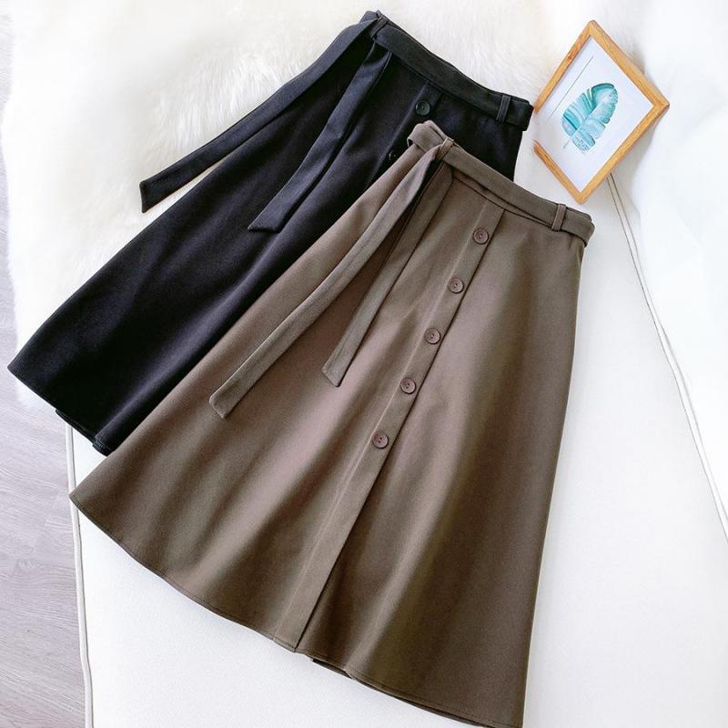 

2020 Autumn & Winter New High Waist Slim Simple Solid Woolen A-line Skirt Wild Temperament Women Large Swing Skirt Free Shipping, Brown