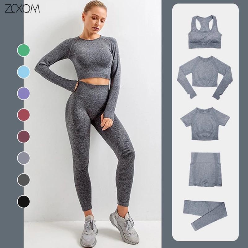 

High Quality Seamless Women Yoga Set Workout Sportswear Gym Clothing Fitness Long Sleeve Crop Top High Waist Leggings 5piece Set, Pants