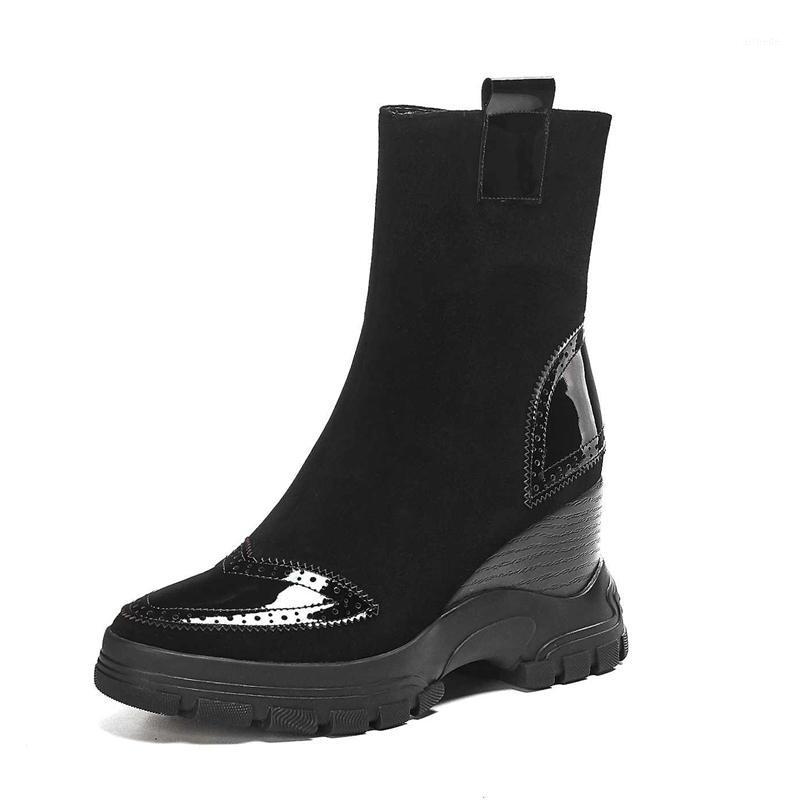 

new winter wedges shoes women mid-calf boots breathable sheep suede high heels shoes zapatos de mujer1, Black