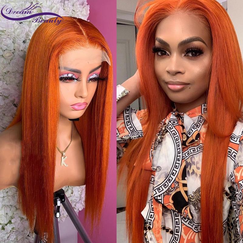 

Straight Human Hair Wig Ginger Orange Color Lace Frontal Brazilian Transparent Lace Deep Part Human Hair Wigs, Black;brown