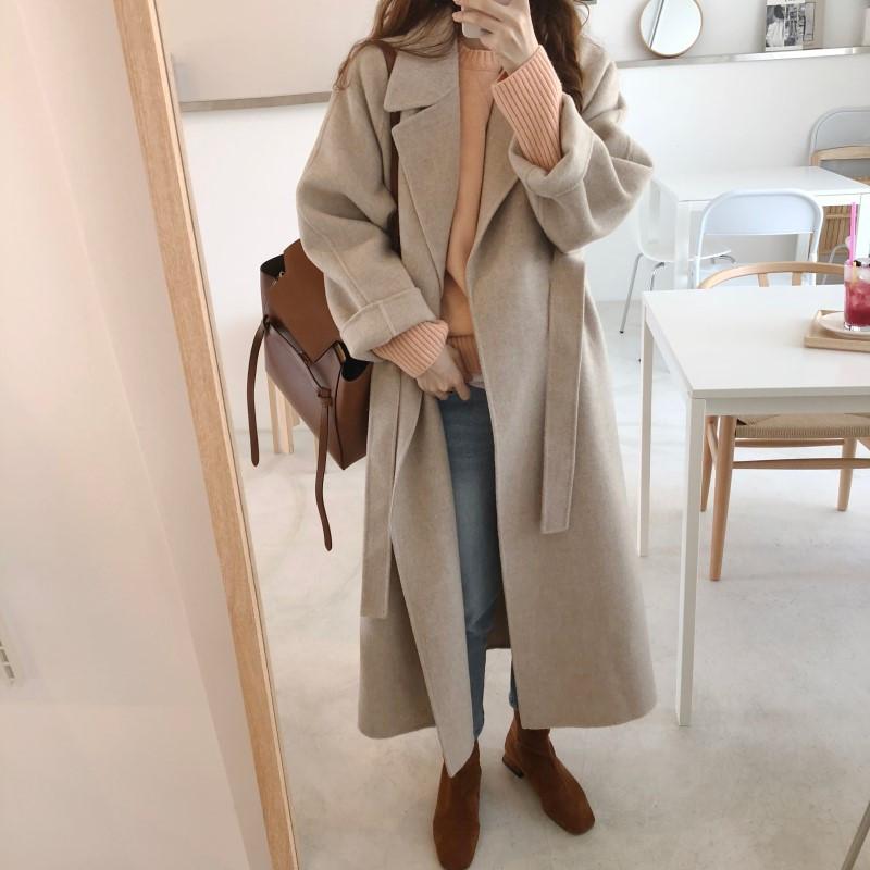 

Women' Wool & Blends Women Long Trench Fashion Korean Autumn Elegant Lapel Fax Cashmere Woolen Coat Oversize Loose Maxi Sashed, Gray
