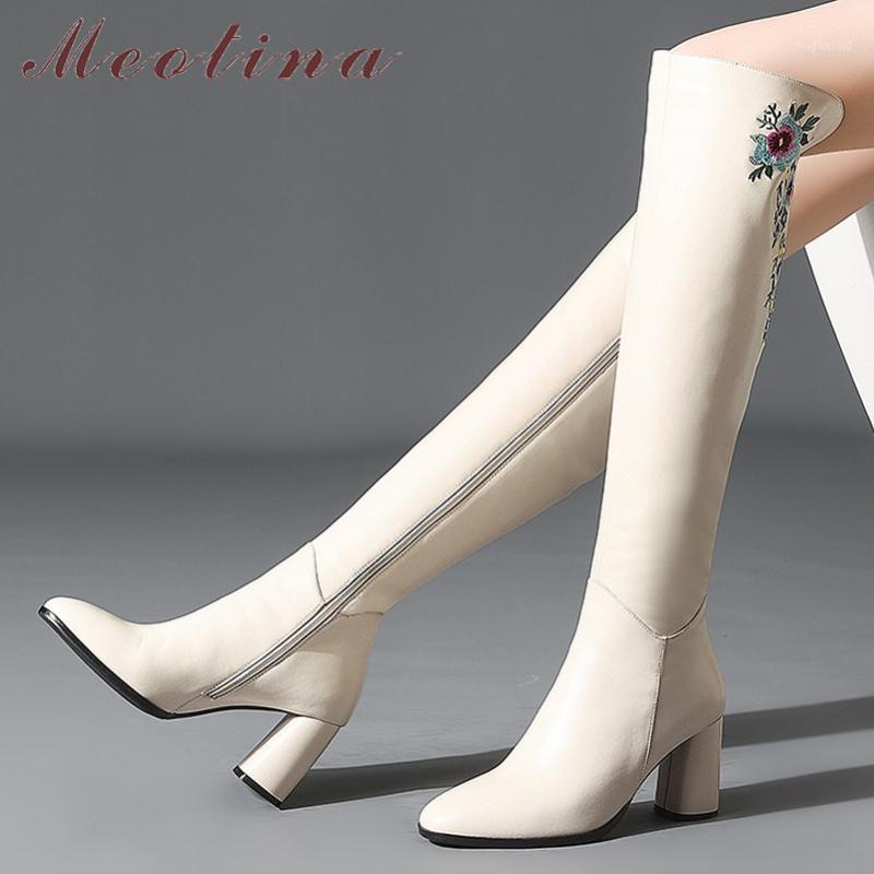 

Meotina Winter Over The Knee Boots Women Natural Genuine Leather Thick High Heel Long Boots Embroider Flower Zipper Shoes Ladies1, Beige