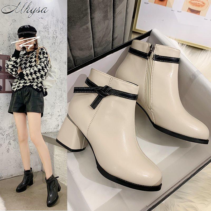 

2021 Autumn Winter New Boots Women's Leather Pointed Thick Heel Bow Women's Fashion Plus Velvet Warm High-Heeled Boots, Beige
