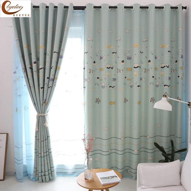 

byetee] Korean Mediterranean Curtains For Kids Room Children Room Living Bedroom Catoon little fish pattern Fabric Drapes, Tulle