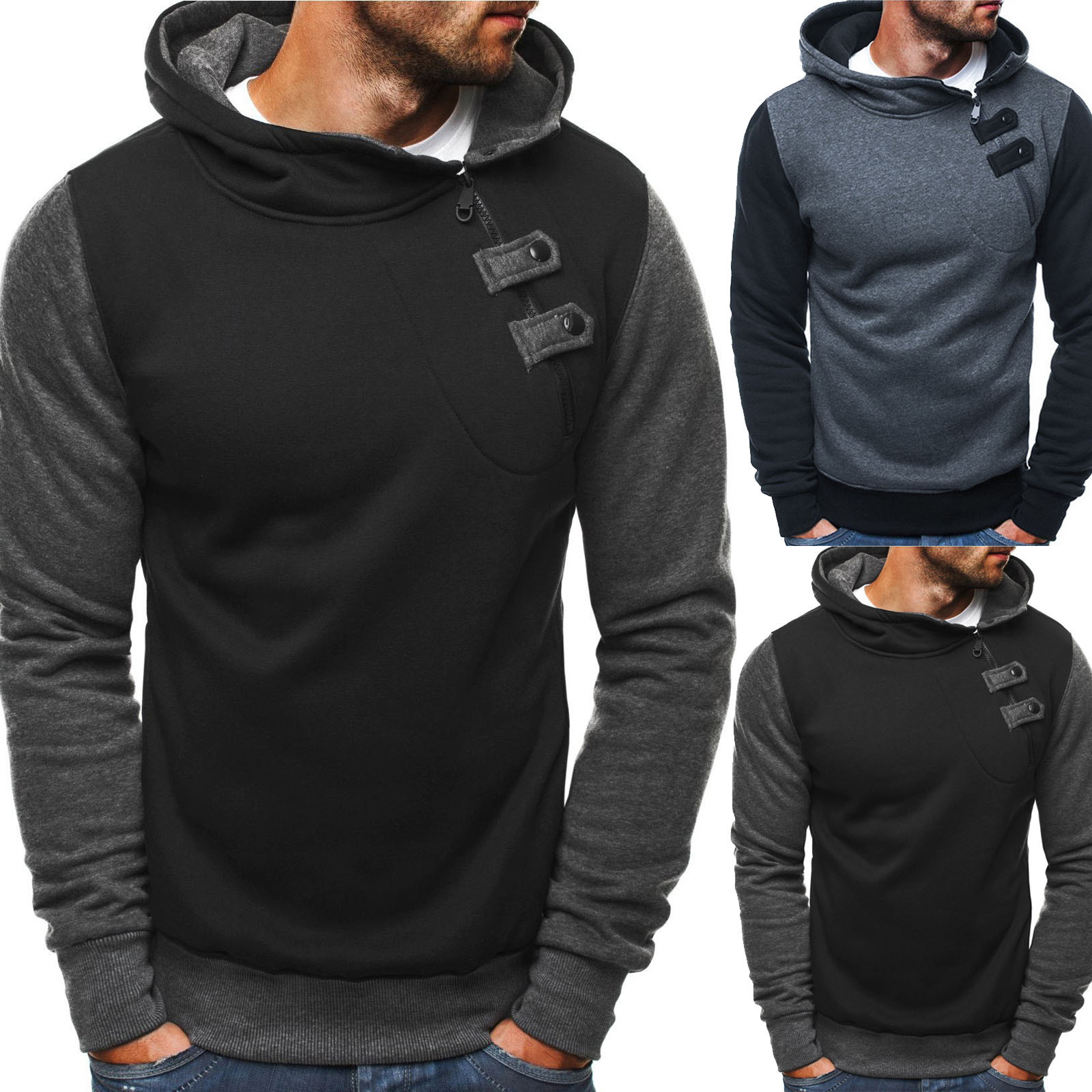 

Men's Men's Jackets Hooded Coats Casual Autumn Zipper Buttons Hooded Sweatshirt Outwear Tops Blouse Mens Clothing Outerwear Hot, Black