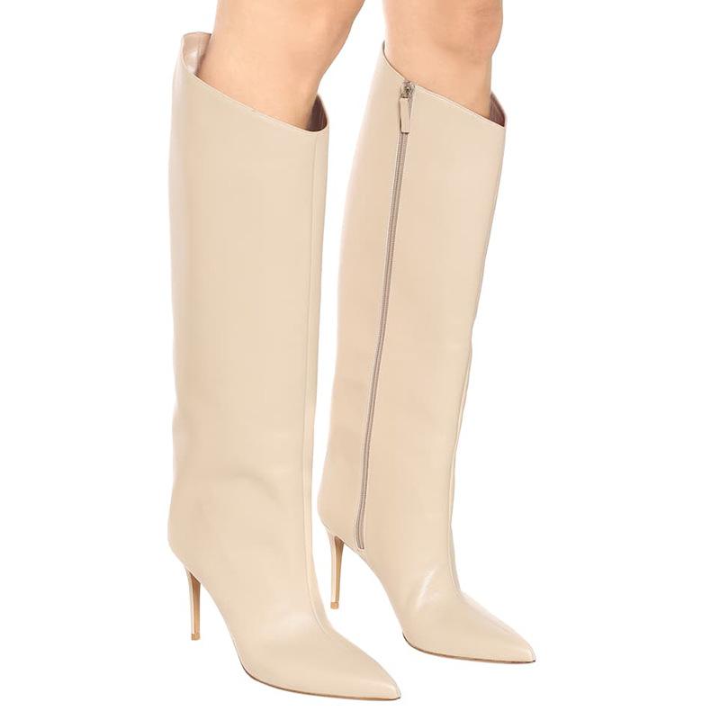 

New Brand Shoes Woman Pointed Toe High Heel Side Zipper Knee High Boots Winter Fashion Pure White Long Boot Thin Heels Botas, Black